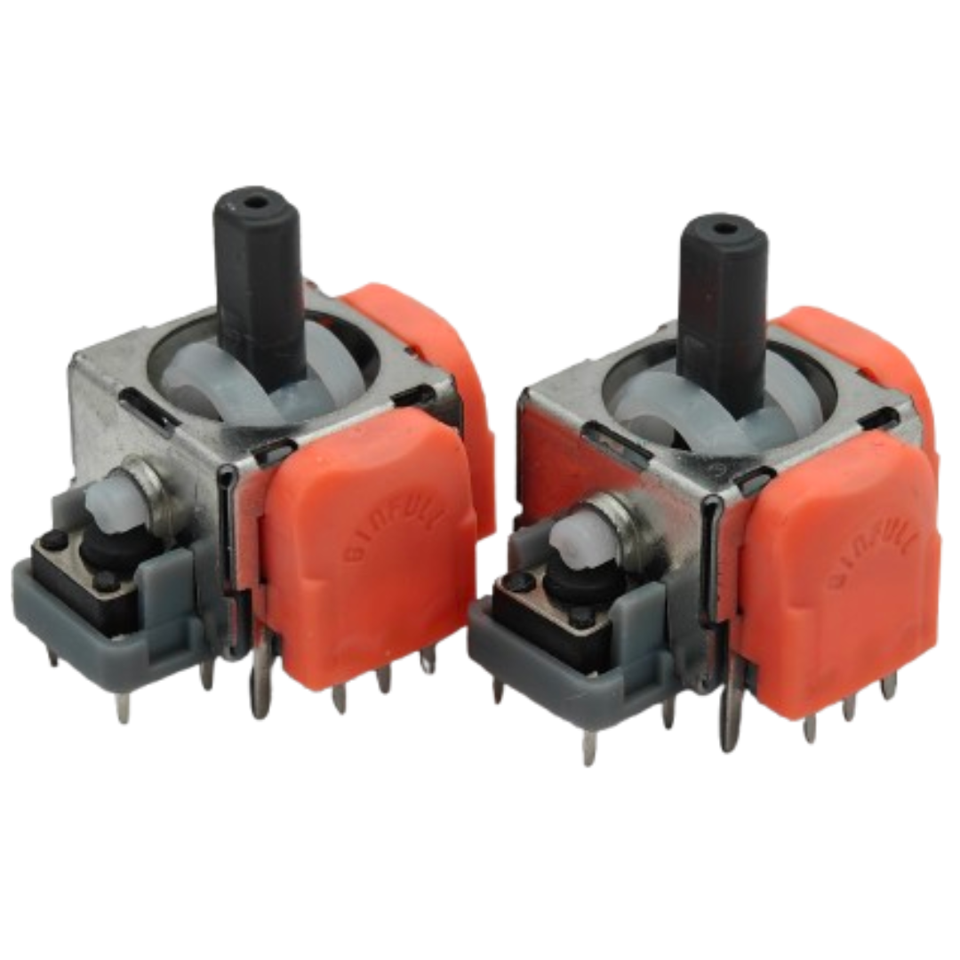 Pair of joystick modules with black center posts, silver metal frames, orange side housings, gray plastic parts, and small metal pins on a white background