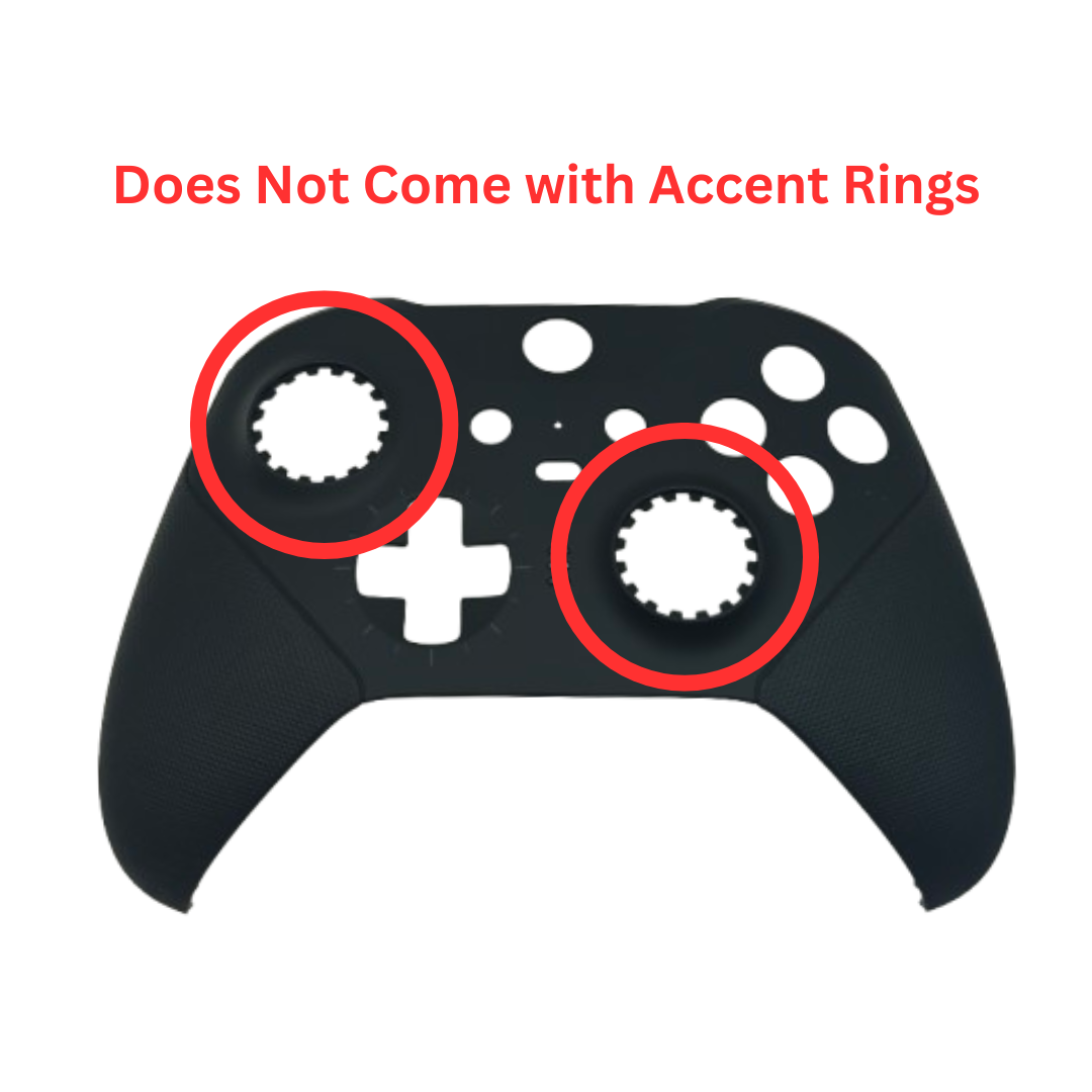 Black controller front shell with red circles highlighting the thumbstick openings and red text reading “Does Not Come with Accent Rings”