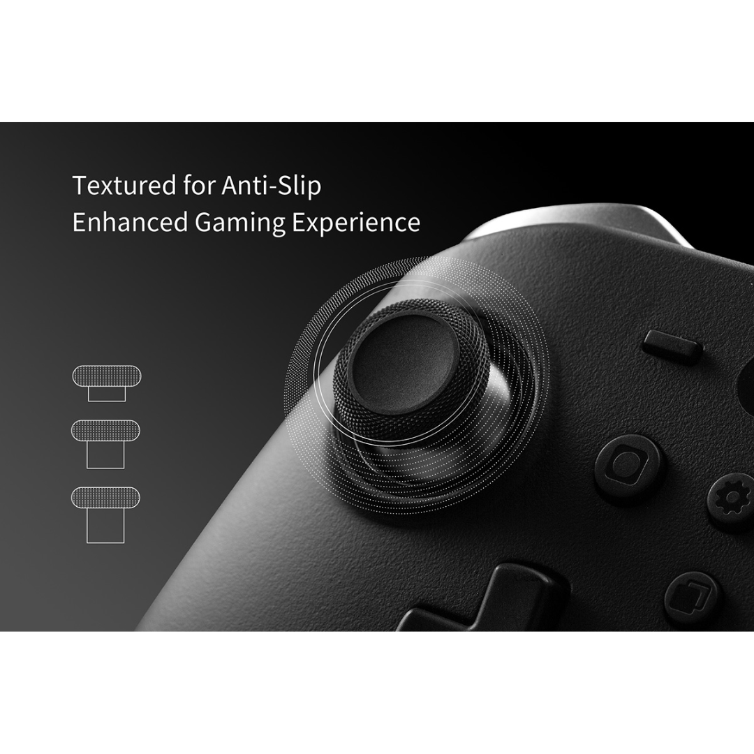 Close-up of a black controller thumbstick with circular texture highlights and text reading “Textured for Anti-Slip Enhanced Gaming Experience”