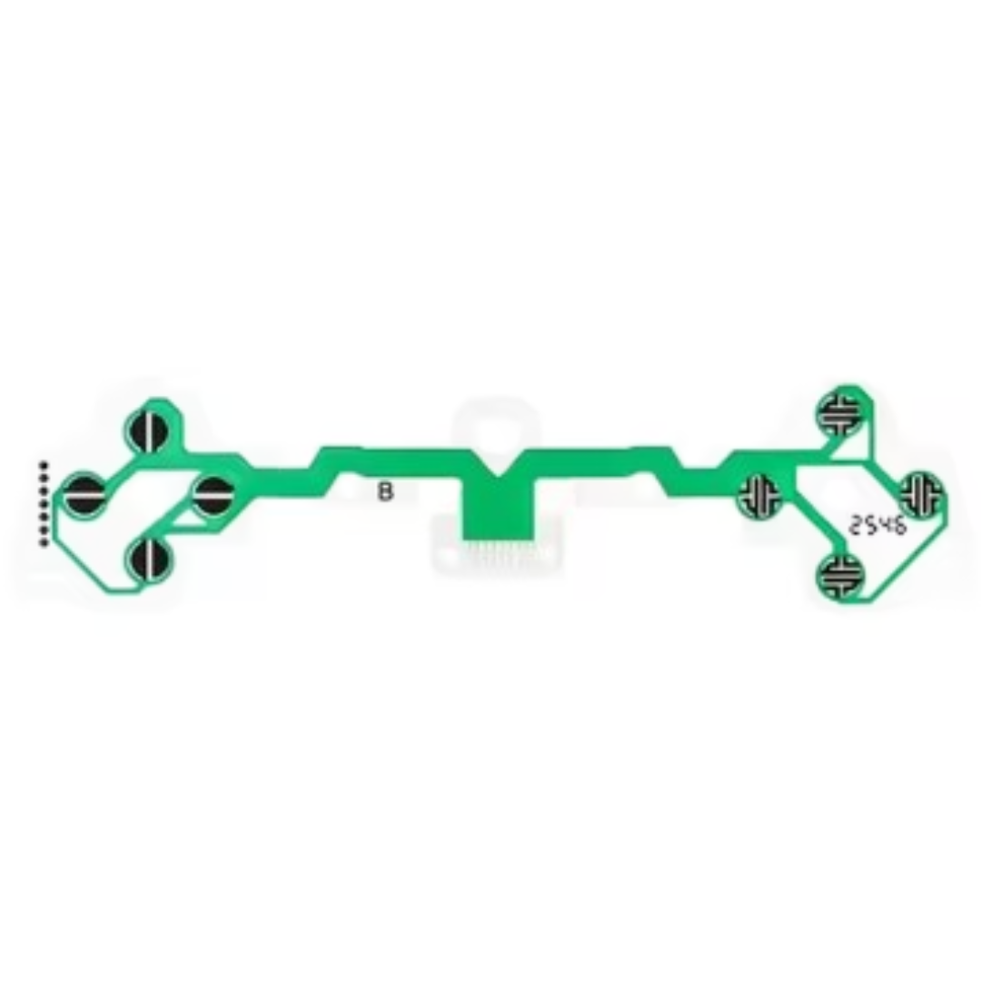 Green flexible conductive strip with circular black contact pads on a white background
