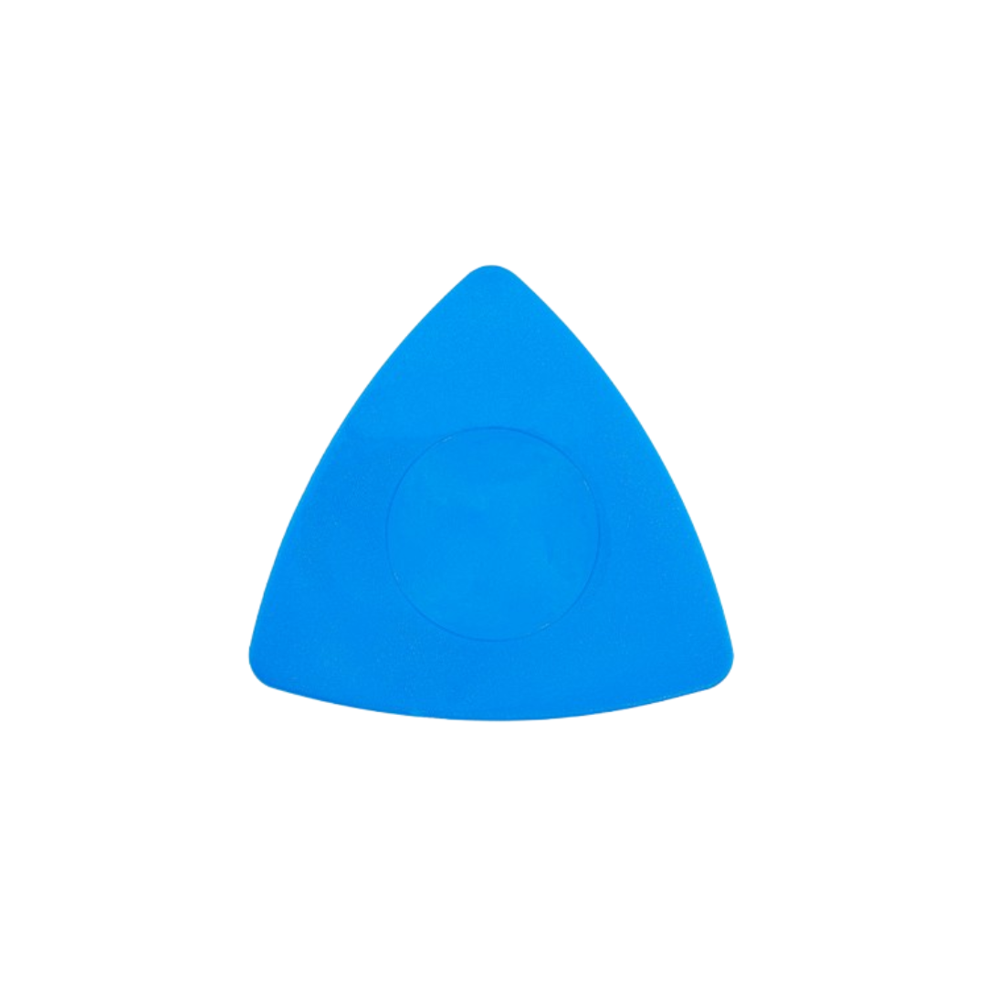 Blue triangular plastic pick tool on a white background