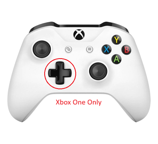 Xbox One controller with D-pad circled in red, labeled "Xbox One Only"