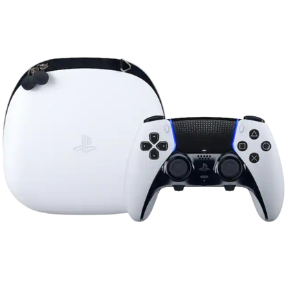 White PlayStation Edge case with matching white and black controller on a white background