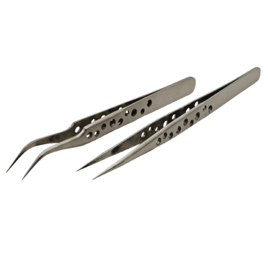 Pair of silver precision tweezers with pointed tips and circular cutouts on the handles on a white background