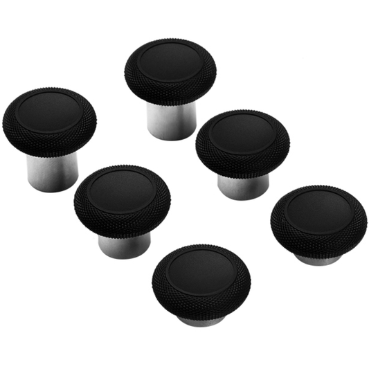Set of six black controller thumbsticks with textured edges and silver metal stems in varying heights on a white background