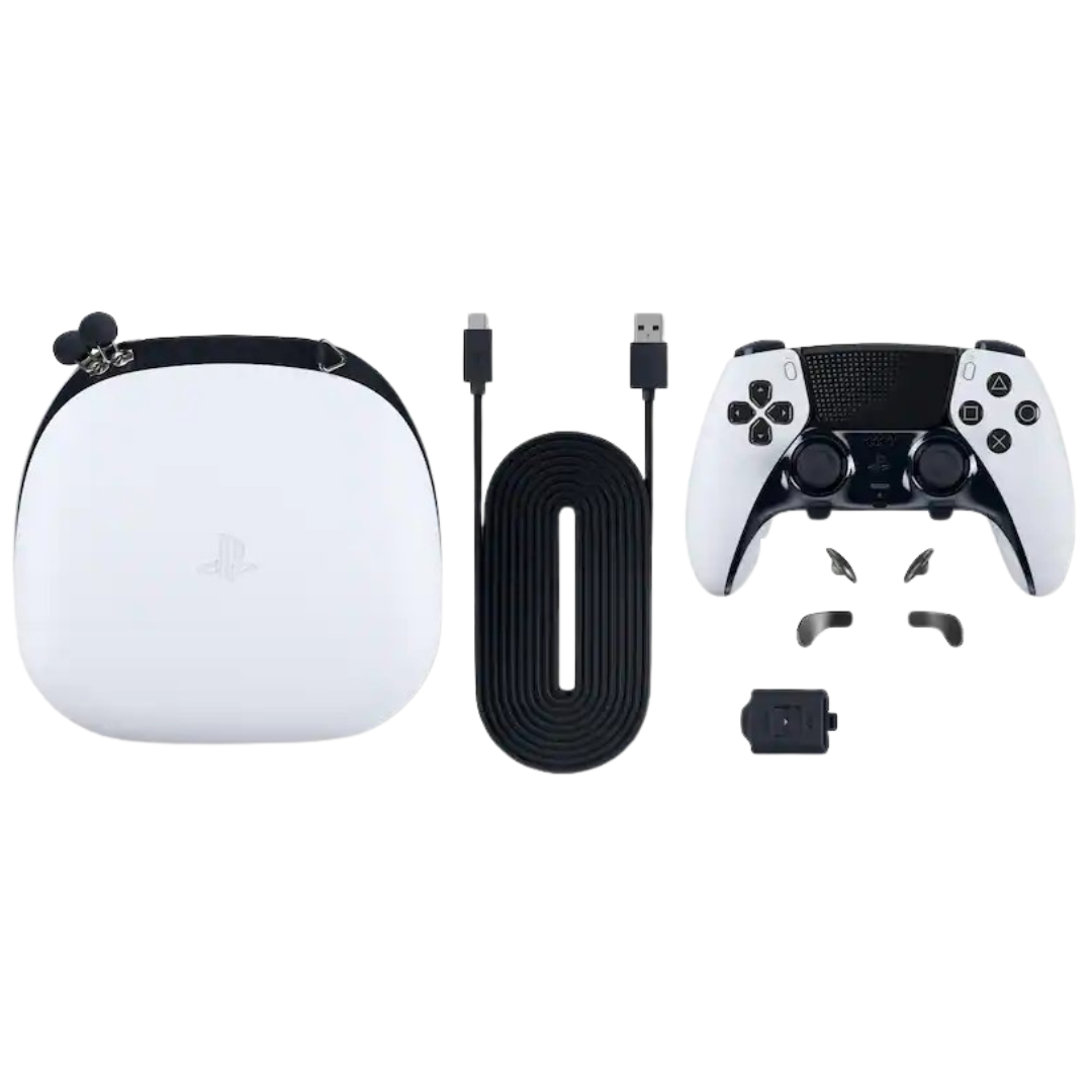 White PlayStation Edge case, black USB cable, white and black controller, and small controller accessories on a white background