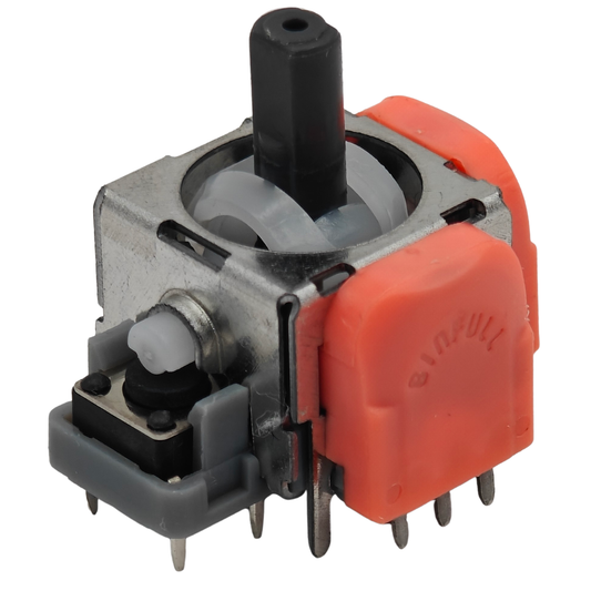 Close-up of a joystick module with a black center post, silver metal frame, orange side housing, gray plastic parts, and small metal pins on a white background