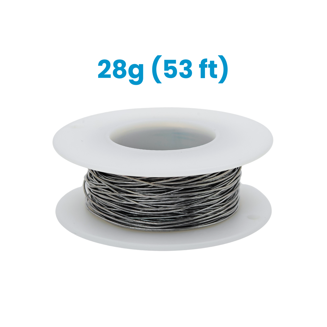 Spool of solder wire with blue text above reading “28g (53 ft)” on a white background