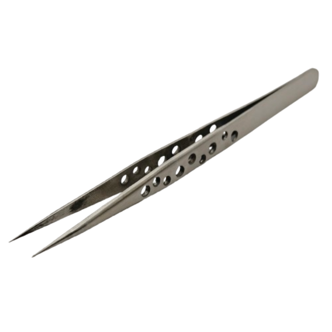 Silver precision tweezers with straight pointed tips and circular cutouts on the handle on a white background