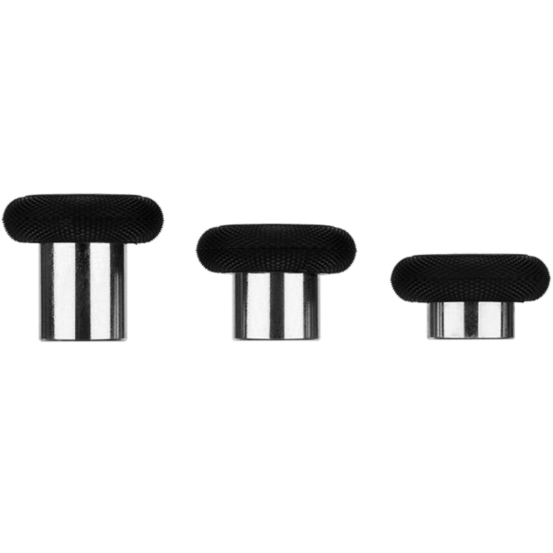 Three black controller thumbsticks with silver metal stems in different heights on a white background