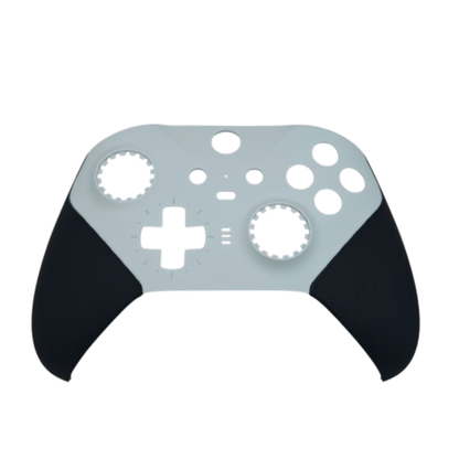 White and black controller front shell with cutouts for the buttons, D-pad, and thumbsticks on a white background