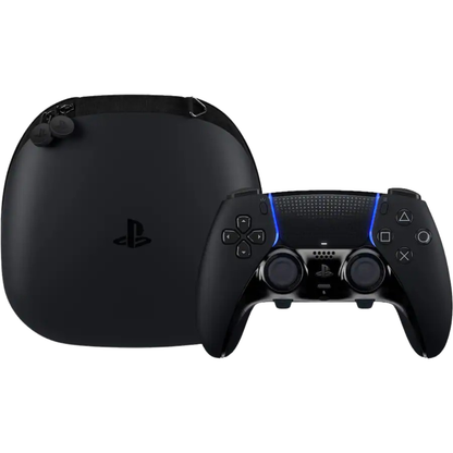 Black PlayStation Edge case with matching black controller on a white background