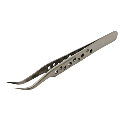 Silver precision tweezers with curved pointed tips and circular cutouts on the handle on a white background