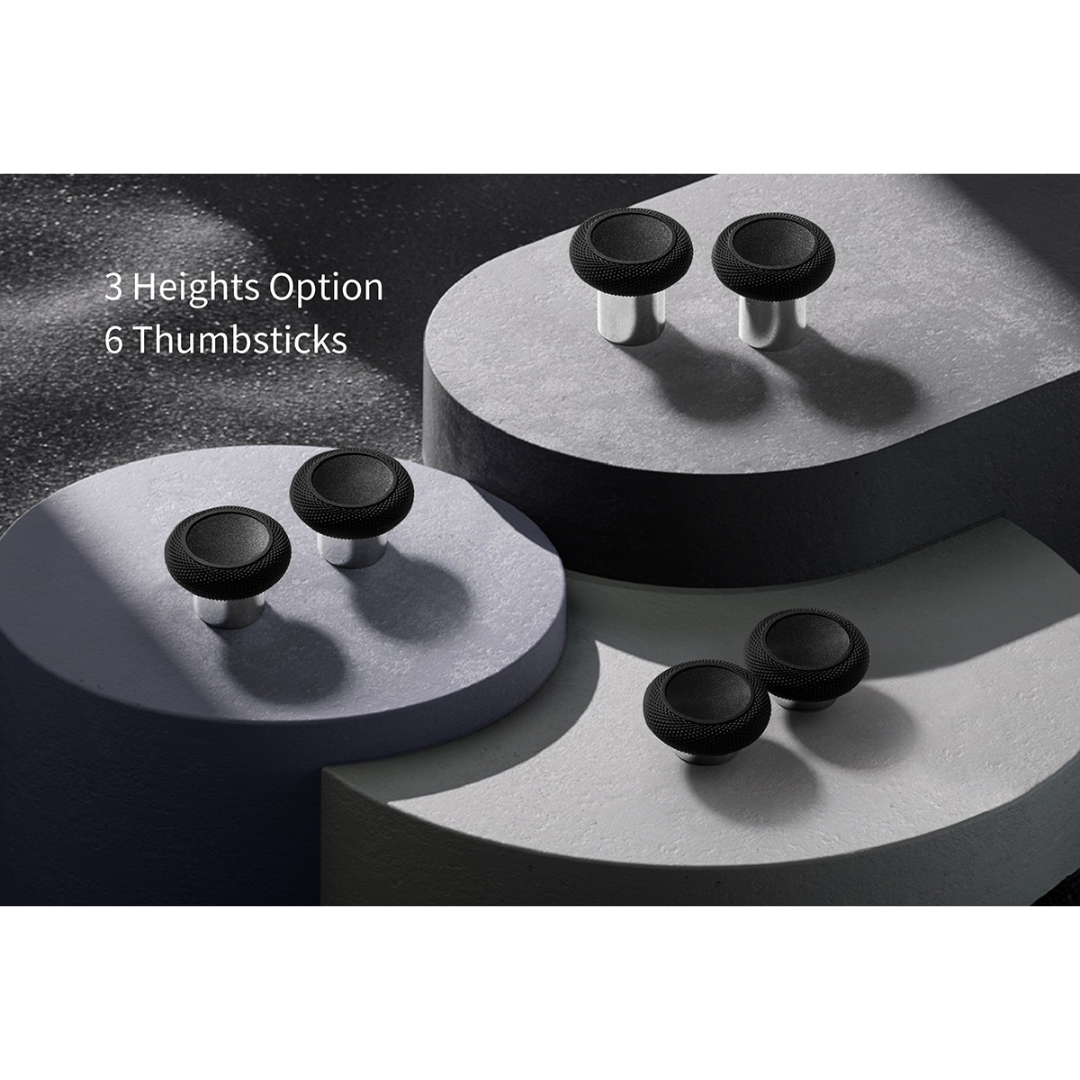 Six black controller thumbsticks in three different heights displayed on gray platforms, with text reading “3 Heights Option 6 Thumbsticks”