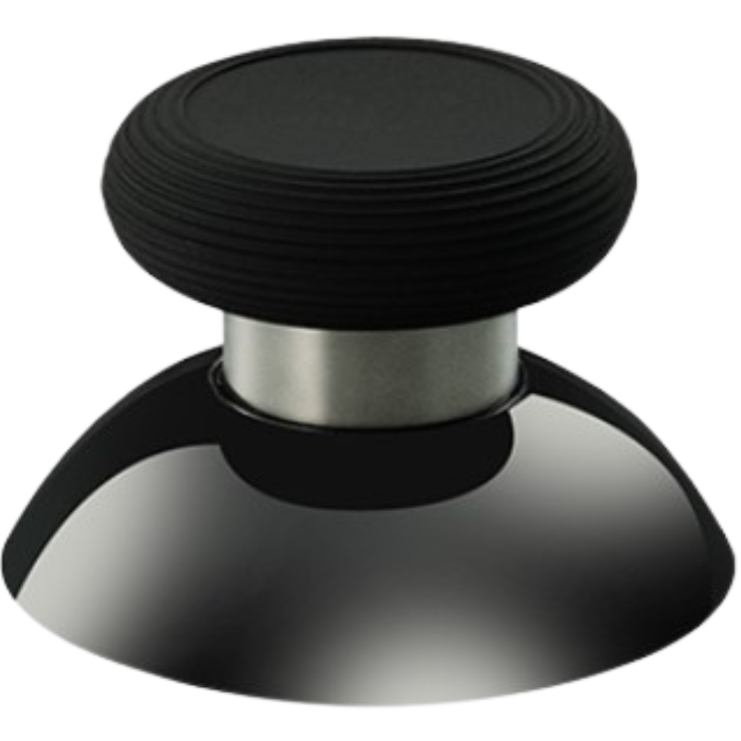 Black controller thumbstick with a silver metal stem and domed black base on a white background