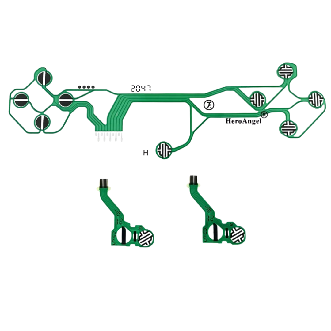 Green flexible conductive strips with circular black contact pads and small connector pins on a white background
