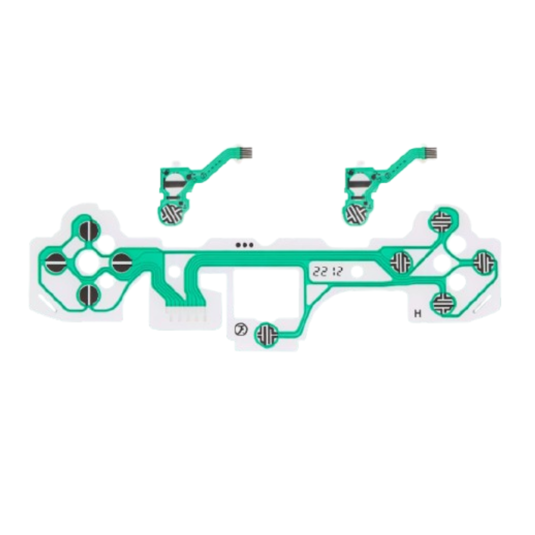 Green flexible conductive strips with circular black contact pads and small connector pins on a white background