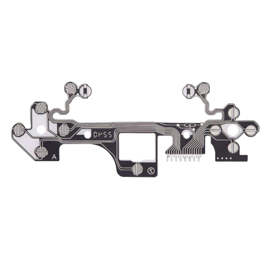 Black flexible conductive strip with printed circuit lines, circular contact pads, small connector pins, and cutout openings on a white background