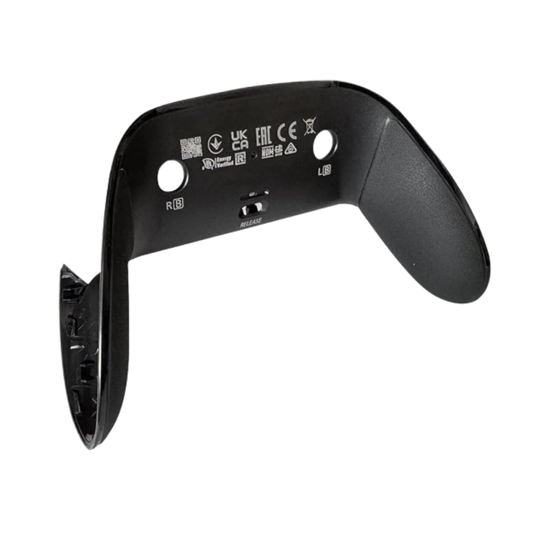 Back view of a black controller back shell with printed labels, symbols, and cutouts on a white background