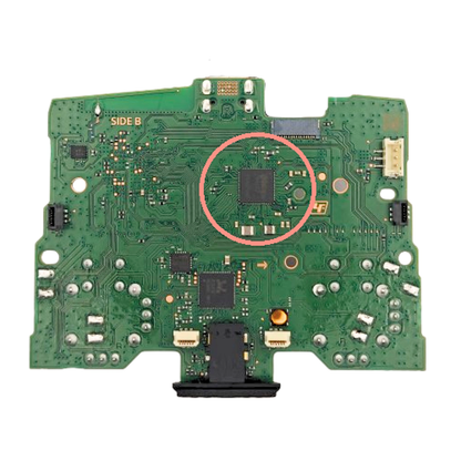 Controller circuit board with a red circle highlighting the DialogDA90872 chip on a white background