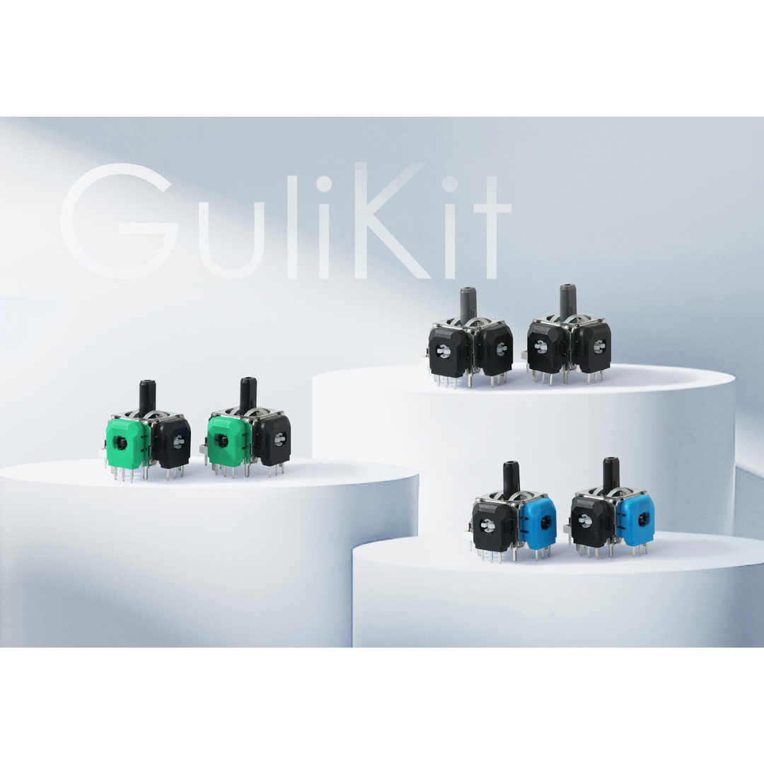 GuliKit joystick modules in multiple colors displayed on white platforms with a light gray background