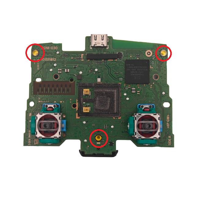 Controller circuit board on a transparent background with red circles highlighting create, mute, options contacts