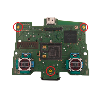 Controller circuit board on a transparent background with red circles highlighting create, mute, options contacts
