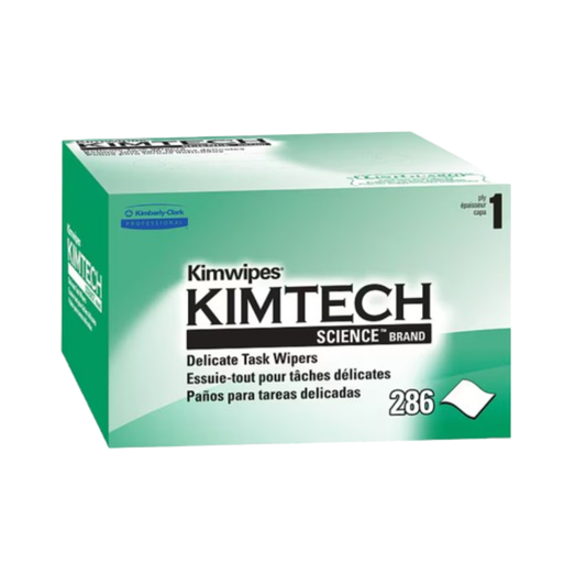 Green and white box of Kimtech Kimwipes delicate task wipes on a white background