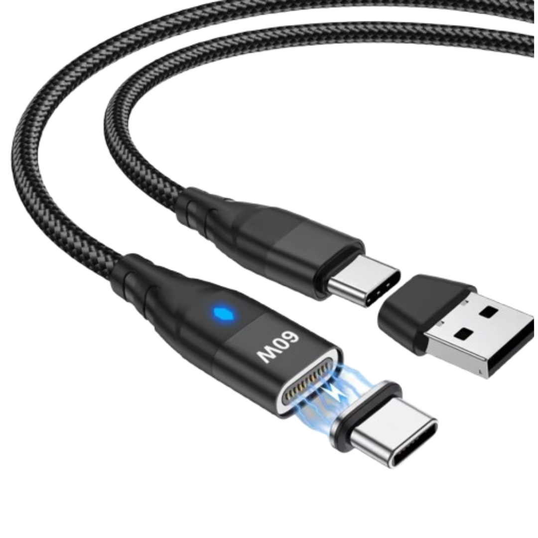 Black braided USB cable with USB-C and USB-A connectors, magnetic tip, blue indicator light, and “60W” label on a white background