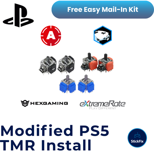 Modified PS5 controller with TMR electromagnetic joystick modules — StickFix Repair mail-in service