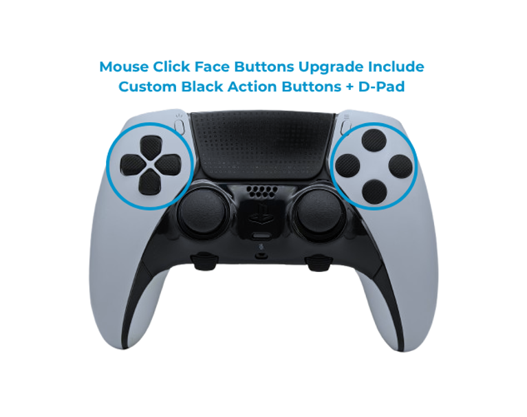 White and black controller with blue circles highlighting the black D-pad and black face buttons, with text above describing a mouse click face buttons upgrade