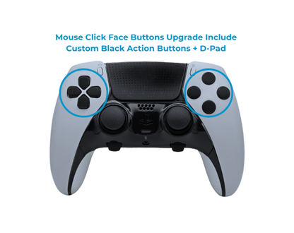 White and black controller with blue circles highlighting the black D-pad and black face buttons, with text above describing a mouse click face buttons upgrade