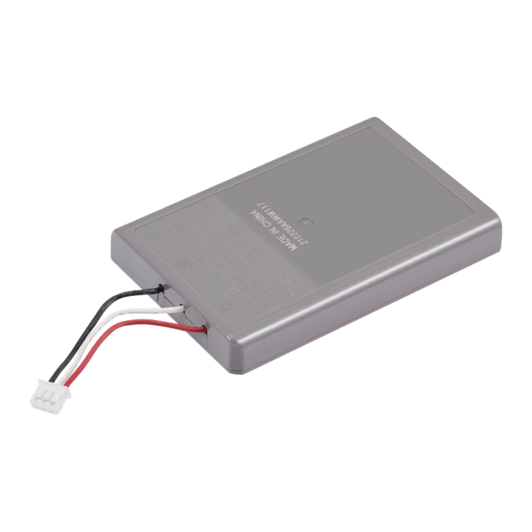 Gray rectangular battery pack with red, white, and black wires attached to a small white connector on a white background