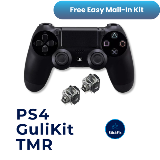 PS4 DualShock 4 controller with GuliKit TMR electromagnetic joystick modules — StickFix Repair mail-in service