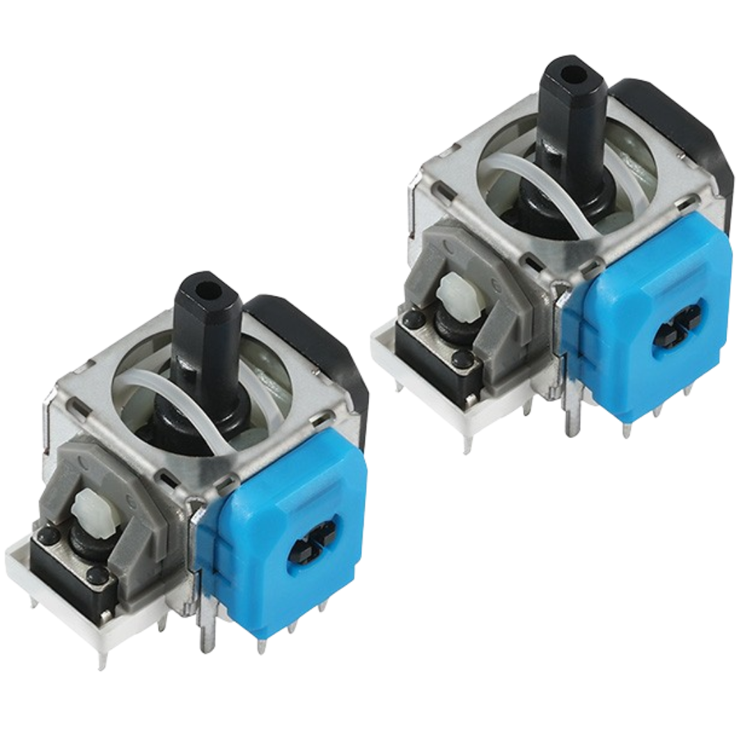 Pair of joystick modules with black center posts, silver metal frames, blue side housings, gray plastic parts, and small metal pins on a white background