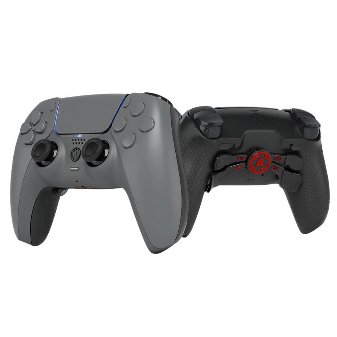 Gray AIM PS5-style controller shown from the front and back, featuring rear paddle buttons and black textured grips on a white background