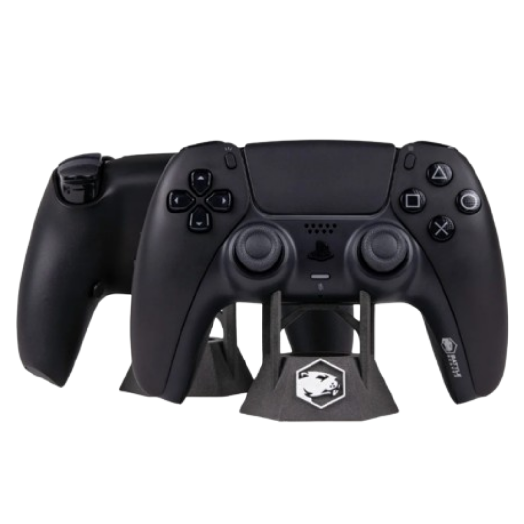 Black Battle Beaver PS5-style controller displayed on a matching black controller stand with a second controller shown in the background

