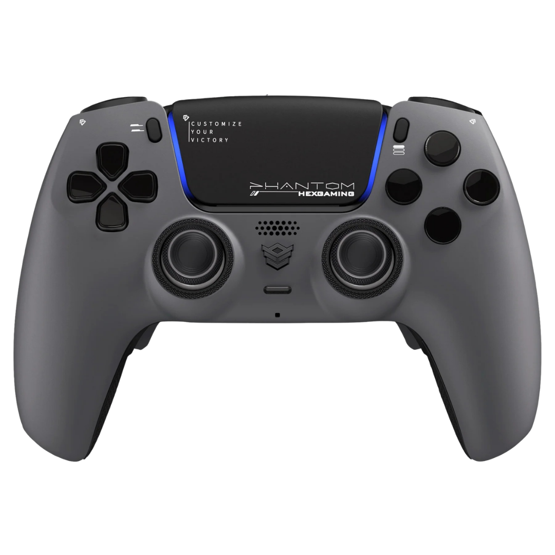 Gray and black HEXGAMING Phantom PS5-style controller with black buttons, textured thumbsticks, and blue accent lighting on a white background
