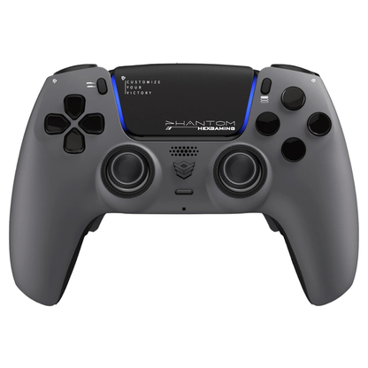Gray and black HEXGAMING Phantom PS5-style controller with black buttons, textured thumbsticks, and blue accent lighting on a white background
