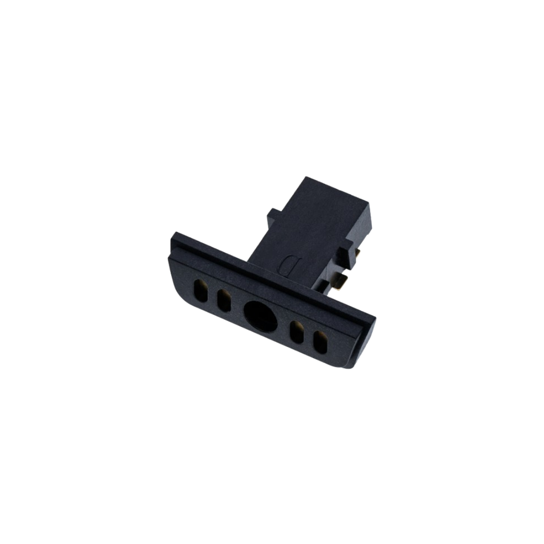 Close-up of a black headphone jack  part on a white background