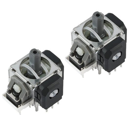 Pair of joystick modules with gray center posts, silver metal frames, black side housings, gray plastic parts, and small metal pins on a white background