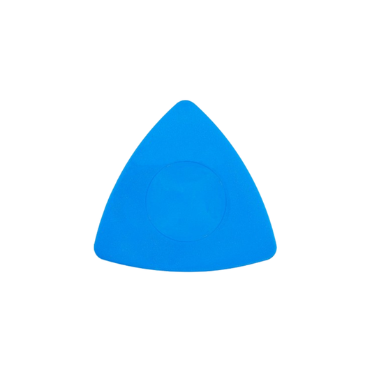 Blue triangular plastic pick tool on a white background