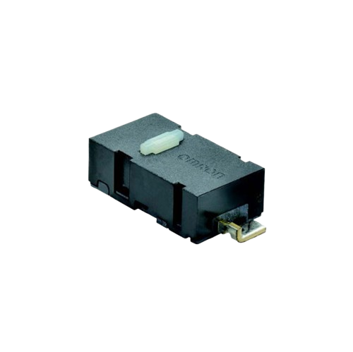 Close-up of a small black omron switch component on a transparent background