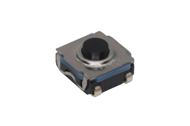 Close-up of a small tactile button switch component on a transparent background