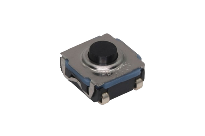 Close-up of a small tactile button switch component on a transparent background