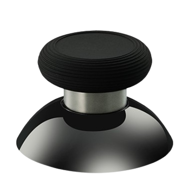 Black KK Ring thumbstick with a silver metal stem and domed black base on a transparent background