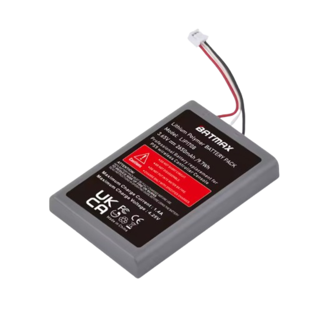 Gray lithium polymer PS5 battery pack with red, white, and black wires attached to a small white connector on a white background