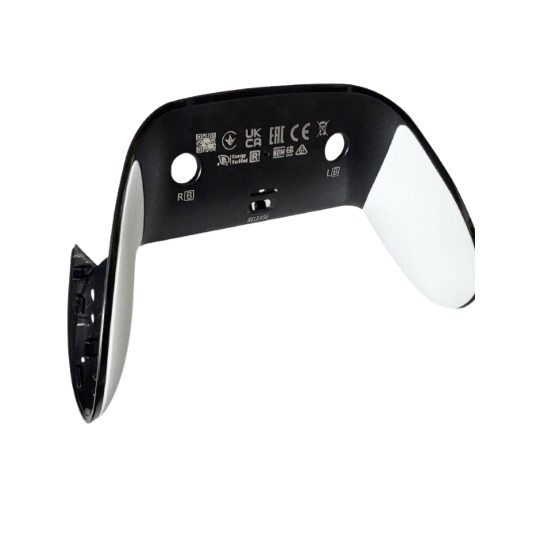 Back view of a black and white controller back shell with printed labels, symbols, and cutouts on a white background