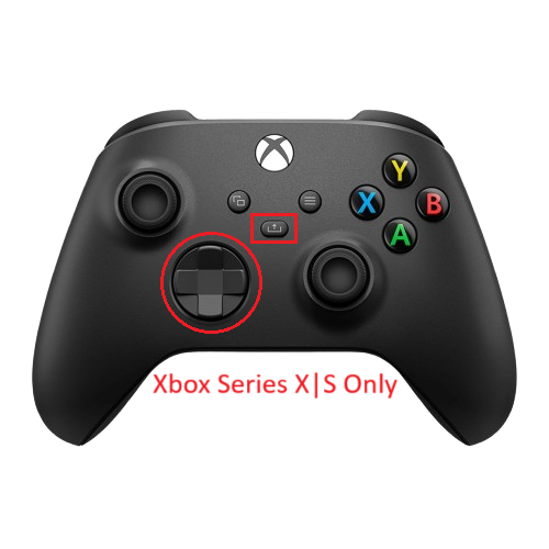 Black Xbox Series X|S controller with the share button outlined in red, the hybrid D-pad circled in red, labeled “Xbox Series X|S Only.”