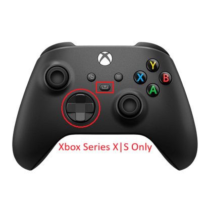 Xbox Series X|S controller with D-pad and share button circled in red, labeled "Xbox Series X|S Only"